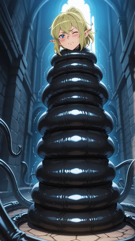 ,DanMachi,ryuu lion, ryu lion, blue eyes, blonde hair, ponytail, pointy ears, elf,

,The body below the neck is not visible, Black rubber tendril, large coiling, large coiling bondage,Coiling only around the body,Shoulder width coiling,The body is covered ...