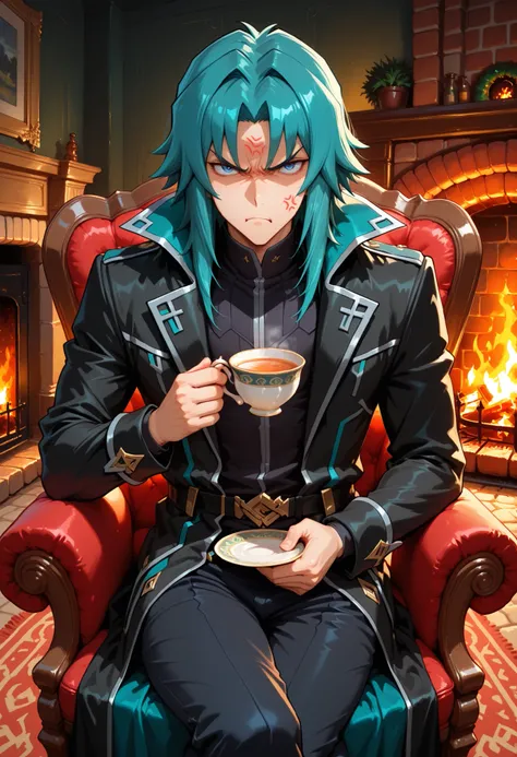 (Masterpiece,   zane_ygo, masculine male, aqua hair, black coat, looking at viewer, simple background, long turquoise hair, blue eyes, annoyed, anger mark, sitting on attach chair, holding a cup of tea, fully clothed, in a fancy den, fireplace, 