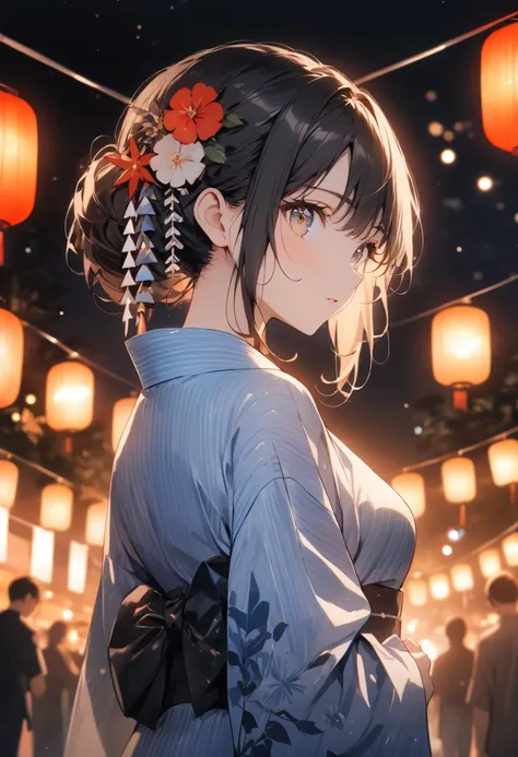 超high resolution, Attention to Details, High Quality, high resolution, 最High Quality, 4K, 8k, (best quality), 1girl, yukata, summer festival, hair ornament, bokeh background, looking back, night, warm lights, beautiful eyes, anime style