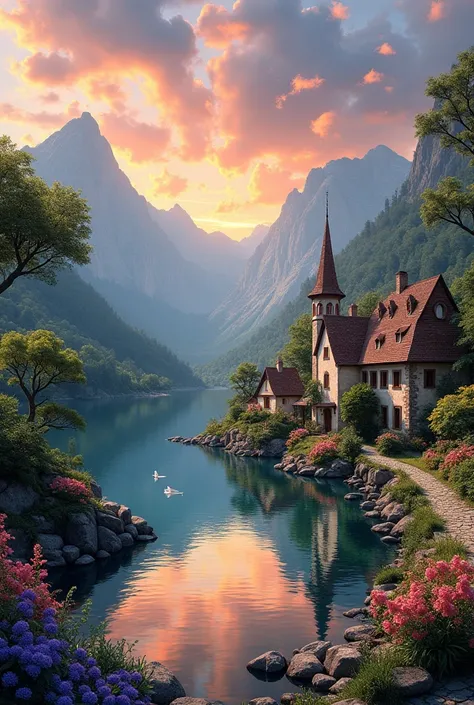 a small village by the river, mountains in the background, floral flowers colorful, detailed landscape, Beautiful natural landscapes, atmospheric lighting, scorching sunset, warm colours, practical, photopractical, Detailed Foliage, complex buildings, cobb...
