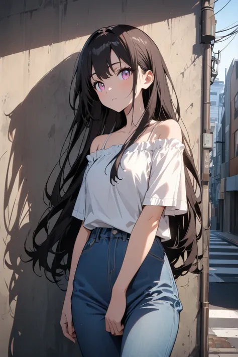 超high resolution, Attention to Details, High Quality, high resolution, 最High Quality, 4K, 8k, (best quality), 1girl, beautiful eyes, anime style, wearing a white off-shoulder shirt and denim pants, leaning casually against a city wall, urban background, mo...