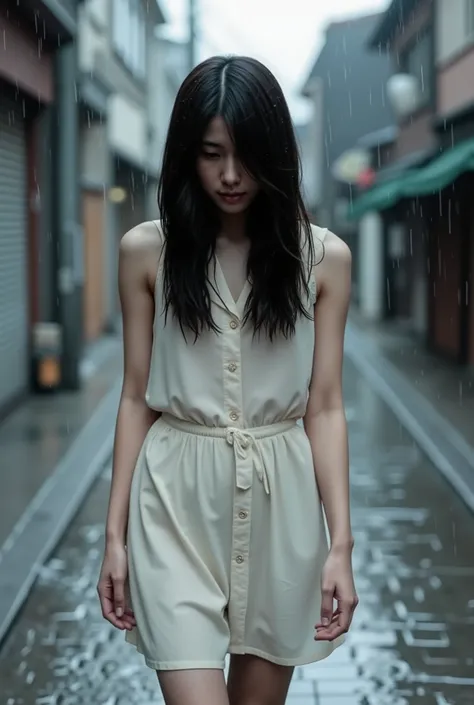 A photo series of a beautiful, fair-skinned Japanese idol girl with a slender frame, wandering alone along rain-soaked cobblestone streets in early summer. She wears a delicate, modest outfit—airy fabric clinging softly to her form as the rain drenches her...