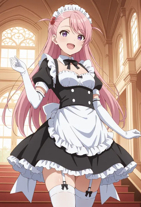 Score_9, score_8_up, score_7_up, source_anime, maho sakuramori (kurakon), solo, long hair, pink hair, hair ornament, asymmetrical bangs, purple eyes, small breasts, (best quality), (high quality), {masterpiece}, extremely delicate and beautiful, ultra-deta...