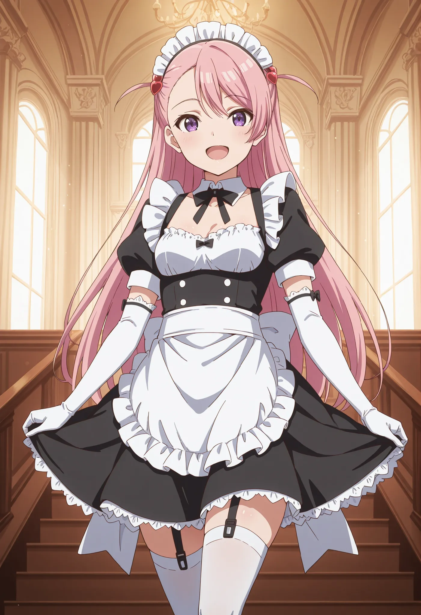 Score_9, score_8_up, score_7_up, source_anime, maho sakuramori (kurakon), solo, long hair, pink hair, hair ornament, asymmetrical bangs, purple eyes, small breasts, (best quality), (high quality), {masterpiece}, extremely delicate and beautiful, ultra-deta...