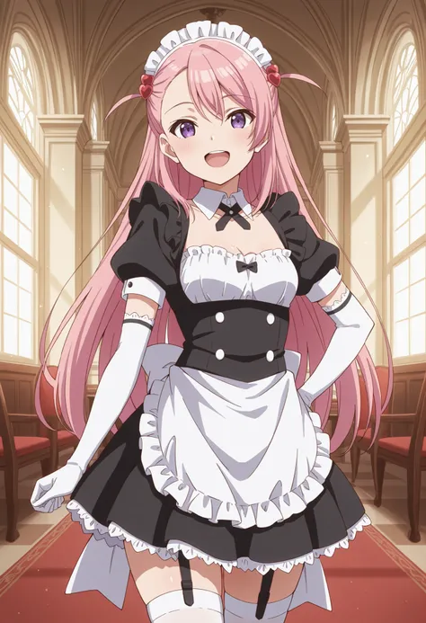 Score_9, score_8_up, score_7_up, source_anime, maho sakuramori (kurakon), solo, long hair, pink hair, hair ornament, asymmetrical bangs, purple eyes, small breasts, (best quality), (high quality), {masterpiece}, extremely delicate and beautiful, ultra-deta...