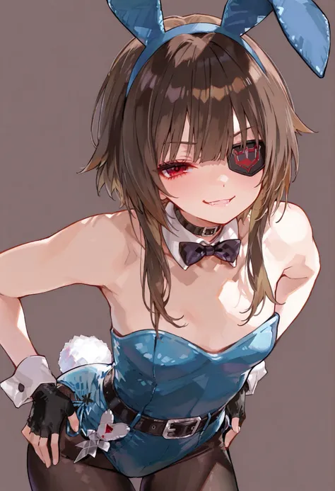  AEMegumindef, red eyes, Brown hair, Belt choker, Black gloves, fingerless gloves, eyepatch, pantyhose, bowtie, playboy_bunny, rabbit_ears, detached_collar, highleg_leotard, wrist_cuffs, playboy bunny, rabbit ears, standing, bent forward slightly, bunnny t...