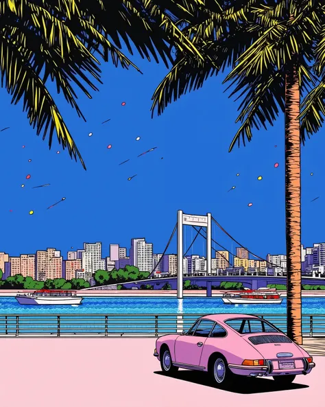 80's city pop art, Summer Scenery, (Wind Line ), palm tree, particle, Porsche 356 , Sea view, Tropics, shop, Gradation Sky, Early evening, Venice belt, suspension bridge, Coast, melew, Skyscraper, . (masterpiece, best quality:1.2)
