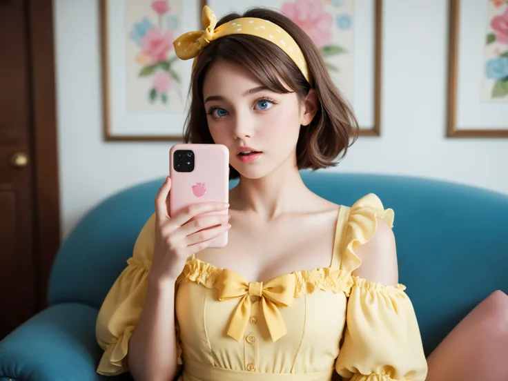 A hyper-realistic portrait of an adorable  girl sitting indoors, wearing a yellow dress with a large matching bow on the front and a headband with a big yelow bow. The  has fair skin, rosy cheeks, and large, expressive blue eyes with long eyelashes. She is...