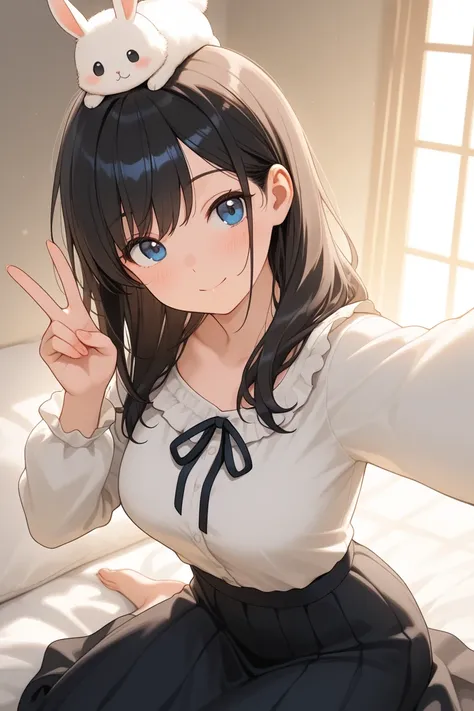 masterpiece, best quality, high resolution, ultra detailed, absurdres,
(a woman taking a selfie in a cute pose:1.3), wearing a white blouse and a long skirt,
(a cute black rabbit with round, fluffy fur camouflaged as her hair:1.itting on top of her head, (its fur seamlessly blending with her hair:1.4), (the rabbit looking directly at the camera with curious eyes:1.2),
soft lighting, natural light, indoor setting, cozy atmosphere