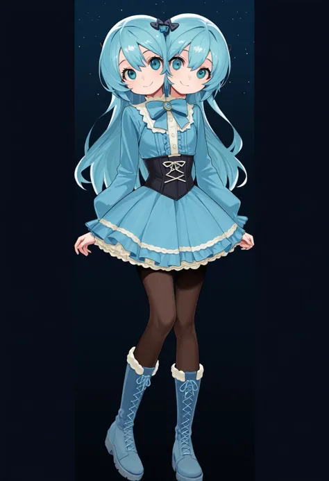 ((best quality), (high quality), (detailed), (masterpiece), good artist, 1girl, (2heads:1.5), ((long waist-length aqua blue hair:1.5)), ((long hair:1.5)),((frilly sky blue and cyan dress with a large waist ribbon)), (a lace-up bodice with a large chest bow...