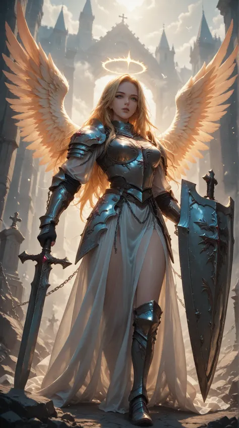  Female Angels, colorful angel wings,  see-through inner , Chain Armor, Crystal Shield Sword, Holy Grave,  precise engraving , 