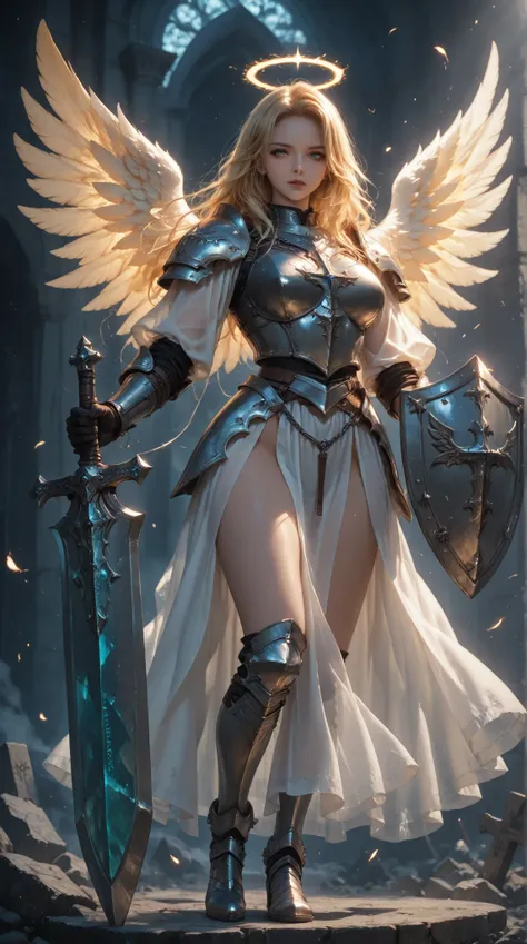  Female Angels, colorful angel wings,  see-through inner , Chain Armor, Crystal Shield Sword, Holy Grave,  precise engraving , 