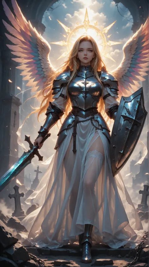  Female Angels, colorful angel wings,  see-through inner , Chain Armor, Crystal Shield Sword, Holy Grave,  precise engraving , 