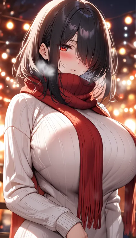 (masterpiece, Highest quality:1.2), (1girl), alone, ((medium hair)) ,((black hair)), ((straight hair)), ((hair over face)), (hair over one eye), (hair over right eye),  high detail, bloom, (beautiful effects), (((white Sweater high neck))), detailed eyes, ...