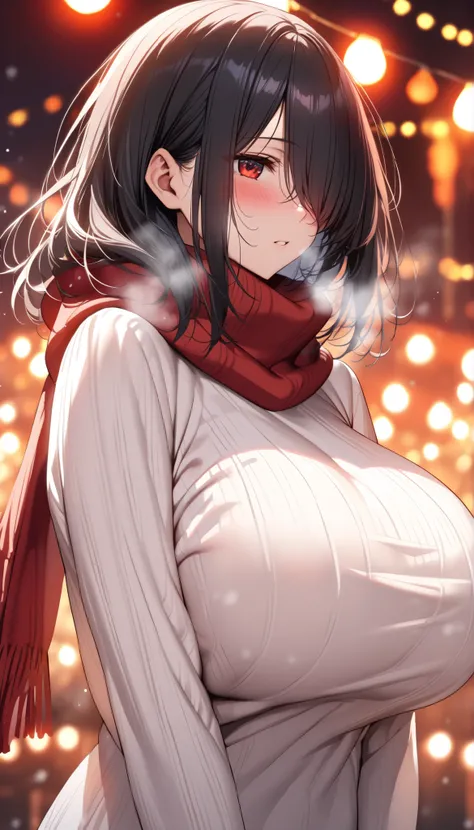 (masterpiece, Highest quality:1.2), (1girl), alone, ((medium hair)) ,((black hair)), ((straight hair)), ((hair over face)), (hair over one eye), (hair over right eye),  high detail, bloom, (beautiful effects), (((white Sweater high neck))), detailed eyes, ...