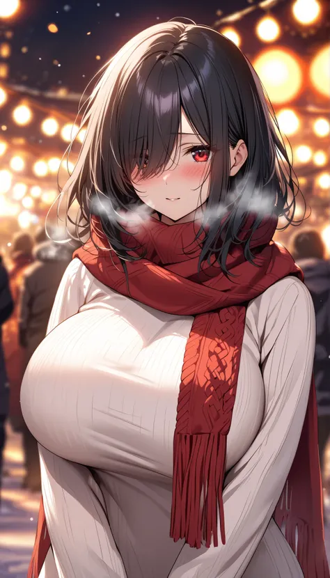 (masterpiece, Highest quality:1.2), (1girl), alone, (medium hair), (black hair)), (straight hair), (hair over face), (hair over one eye), (hair over right eye),  high detail, bloom, (beautiful effects), (white Sweater high neck), detailed eyes, (huge breas...