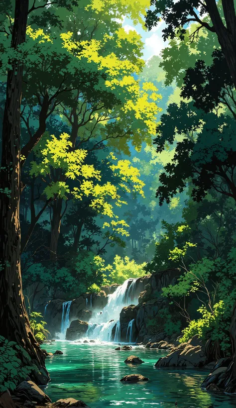 A high drone shot reveals a serpentine river glowing turquoise as it slices through a lush rainforest. Sunlight breaks through the canopy in shafts, hitting the river in shimmering patches. Mist drifts lazily over treetops. The camera tilts slightly as it ...