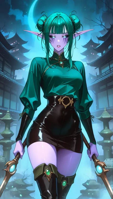masterpiece, best quality, absurdres, highres, newest, 1girl, solo,  nghtelf, bun hairstyle, pointy ears, black sclera, green pupils, glowing pupils, colored skin, facial mark, green hair, purple skin, blue eyes, medium breasts, slim figure, wearing tight ...