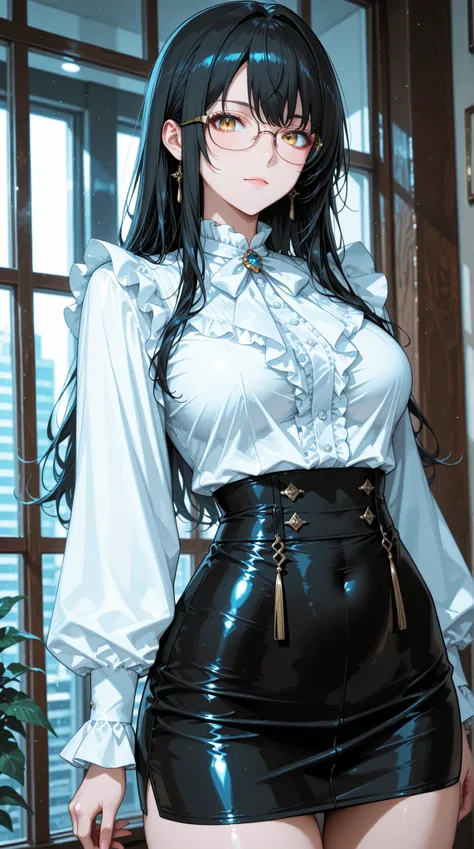 women in their late 20s,tight frill blouse, glasses, tight miniskirt,