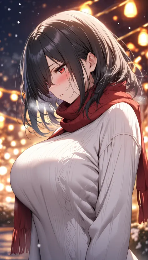 (masterpiece, Highest quality:1.2), (1girl), alone, (medium hair), (black hair)), (straight hair), (hair over face), (hair over one eye), (hair over right eye),  high detail, bloom, (beautiful effects), (white Sweater high neck), detailed eyes, (huge breas...