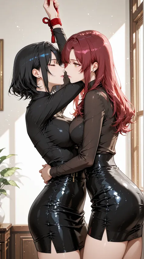 women in their late 20s,tight blouses that are tied to each other, tight skirt,