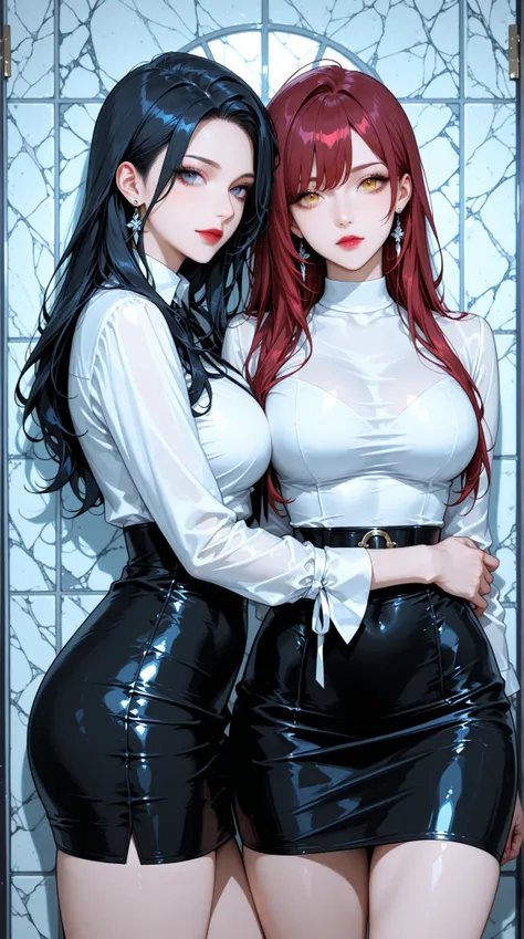 women in their late 20s,tight blouses that are tied to each other, tight skirt,