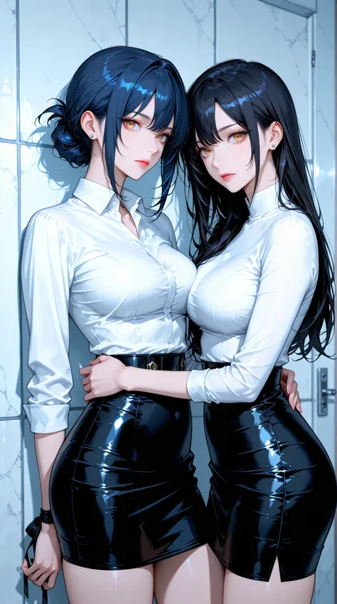 women in their late 20s,tight blouses that are tied to each other, tight skirt,