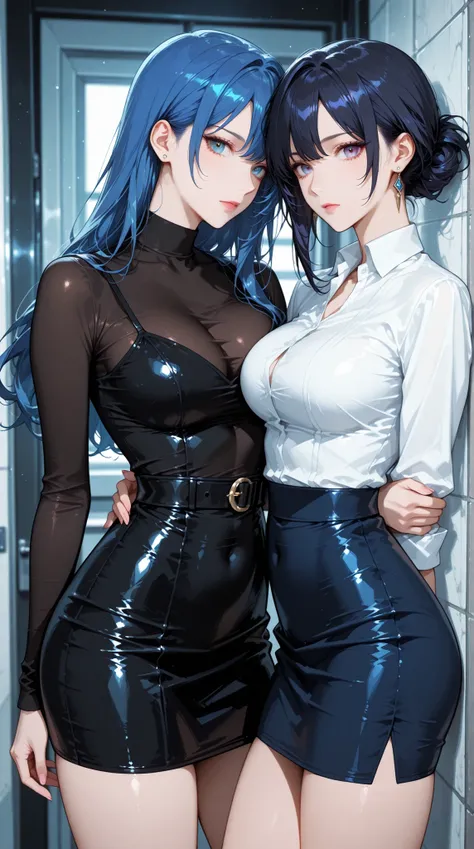 women in their late 20s,tight blouses that are tied to each other, tight skirt,
