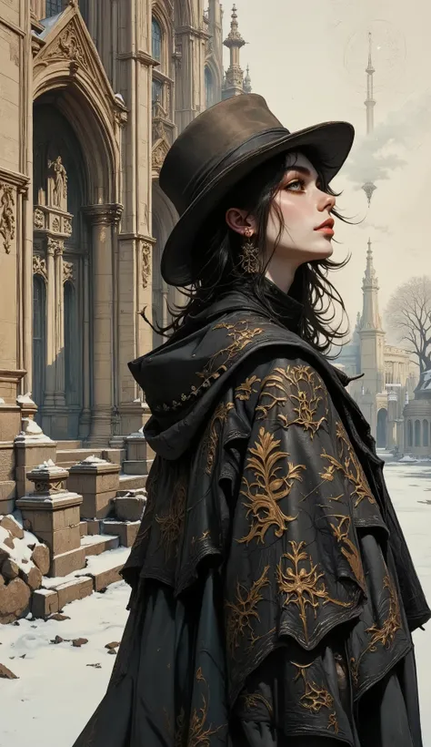 illustration, Beauty, comic book style, gothic style, nightmare, myths, aidmaMJ6.1, the play of shadows and light, A cinematic close-up shot of a female character dressed in an exquisite intricate costume. Costume in the style of Gothic fantasy on the back...