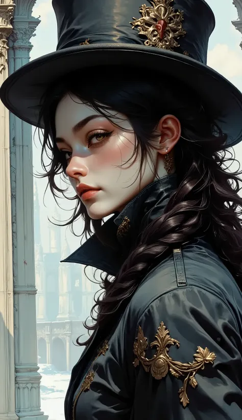 illustration, Beauty, comic book style, gothic style, nightmare, myths, aidmaMJ6.1, the play of shadows and light, A cinematic close-up shot of a female character dressed in an exquisite intricate costume. Costume in the style of Gothic fantasy on the back...