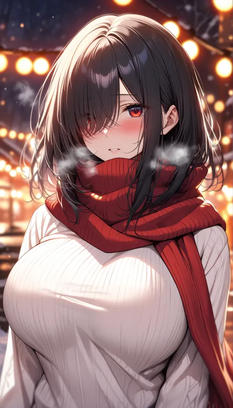(masterpiece, Highest quality:1.2), (1girl), alone, (medium hair) ,(black hair), (straight hair), (hair over face), (hair over one eye), (hair over right eye),  high detail, bloom, (beautiful effects), (((white Sweater high neck))), detailed eyes, ((big br...