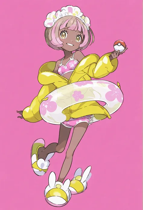 ung girl ,Pink Short Hair,golden eyes of white characters, Pokémon style,cute,pink bikini,sporty style golden jacket,rabbit pattern on clothes,Full Body,solid color background,Smile,Poke ball ,slippers,Swimming ring,Big white streamer headdress,light brow...
