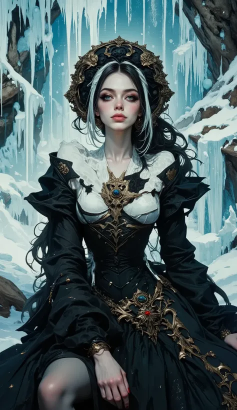 illustration, Beauty, comic book style,gothic style, nightmare, myths, aidmaMJ6.1, shadow and light game, 
A cinematic close-up shot of a female character dressed in an elaborate Gothic fantasy-style costume against a frozen landscape. The stage is designe...