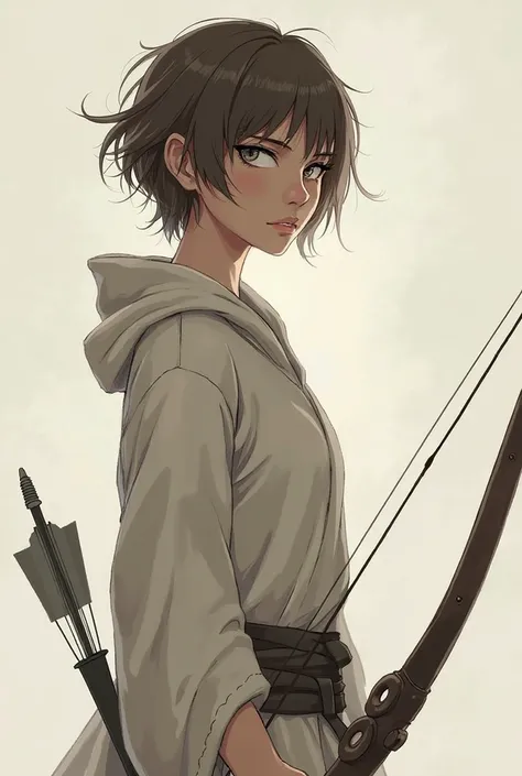 A girl; short brown hair; gray eyes; sad look; simple robe; whole body; fighting pose; bow and arrow