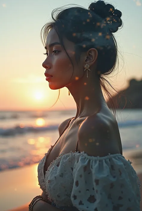 high quality, 8K ultra HD, Una hermosa double exposure que combina una silueta de diosa con la costa al atardecer, the coast at dusk should serve as a backdrop, with its details incorporated in the goddess, sharp lines, The background is monochrome, sharp ...