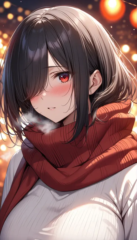 (masterpiece, Highest quality:1.2), (1girl), alone, (medium hair) ,(black hair), (straight hair), (hair over eyes), (hair over one eye), (hair over right eye),  high detail, bloom, (beautiful effects), (((white Sweater high neck))), detailed eyes, ((big br...