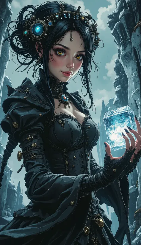 illustration, Beauty, comic book style, gothic style, nightmare, myths, aidmaMJ6.1, the play of light and shadow,
A full-length cinematic shot depicting the heroine dressed in an elaborate Gothic fantasy costume against a frozen landscape. The stage is de...