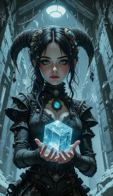 illustration, Beauty, comic book style, gothic style, nightmare, myths, aidmaMJ6.1, the play of light and shadow,
A full-length cinematic shot depicting the heroine dressed in an elaborate Gothic fantasy costume against a frozen landscape. The stage is de...