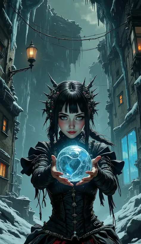 illustration, Beauty, comic book style, gothic style, nightmare, myths, aidmaMJ6.1, the play of light and shadow, 
A full-length cinematic shot depicting the heroine dressed in an elaborate Gothic fantasy costume against a frozen landscape. The stage is de...