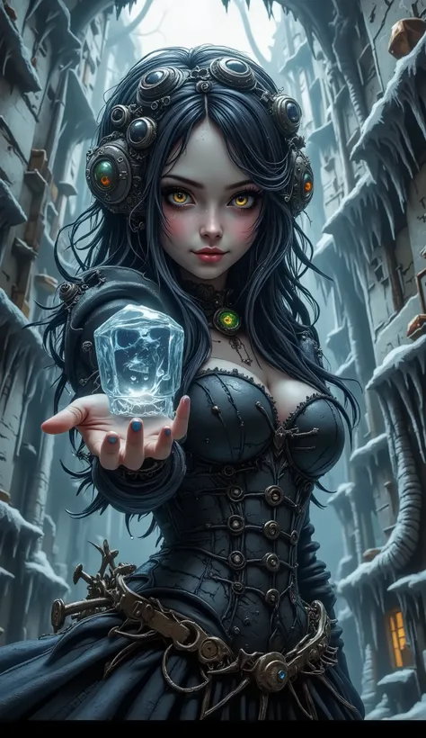 illustration, Beauty, comic book style, gothic style, nightmare, myths, aidmaMJ6.1, the play of light and shadow, A full-length cinematic shot depicting the heroine dressed in an elaborate Gothic fantasy costume against a frozen landscape. The stage is des...