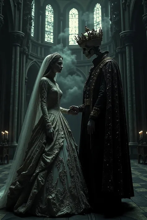 A beautiful young bride standing with a skeleton groom wearing a jeweled crown, both in elaborate Victorian/Gothic style wedding clothing, intricate lace, ultra-realistic, photo-realistic, cinematic, dark moody lighting, gothic cathedral background, dark c...
