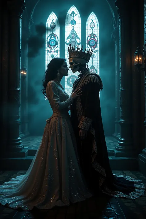 A beautiful young bride standing with a skeleton groom wearing a jeweled crown, both in elaborate Victorian/Gothic style wedding clothing, intricate lace, ultra-realistic, photo-realistic, cinematic, dark moody lighting, gothic cathedral background, dark c...
