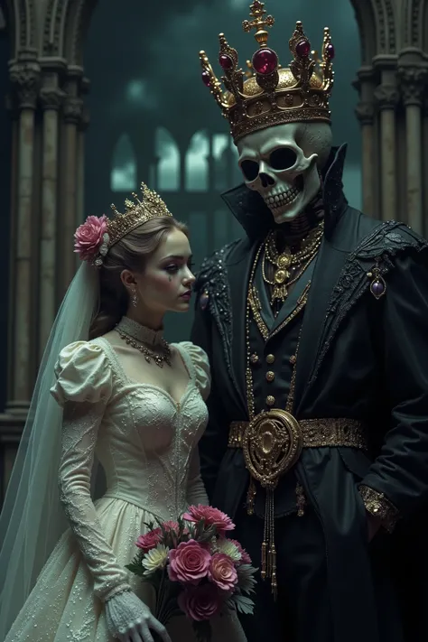 a close up of a beautiful young bride standing with a skeleton groom wearing a jeweled crown, both in elaborate Victorian/Gothic style wedding clothing, intricate lace, ultra-realistic, photo-realistic, cinematic, dark moody lighting, gothic cathedral back...