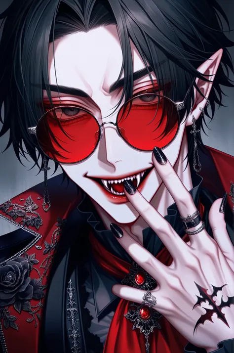 1boy, adult male,  digital portrait of a fashionable anime male vampire with black hair, fangs, and goth clothing; his black eyes are hidden behind red sunglasses, his nails are long and clear, his accessories are ornate and detailed, dramatic,  stylized w...