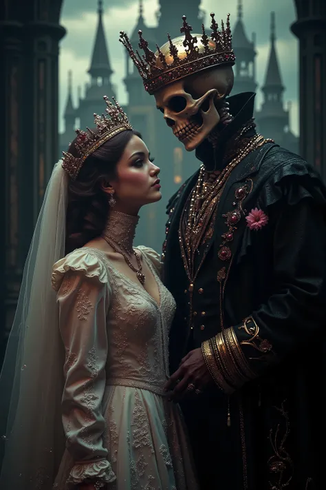 a close up of a beautiful young bride standing with a skeleton groom wearing a jeweled crown, both in elaborate Victorian/Gothic style wedding clothing, intricate lace, ultra-realistic, photo-realistic, cinematic, dark moody lighting, gothic cathedral back...