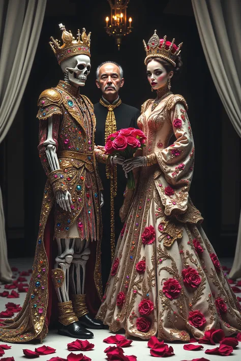 a close up of a beautiful young bride standing with a skeleton groom wearing a jeweled crown, both in elaborate Victorian/Gothic style wedding clothing and surroundings,  4k highly detailed digital art, 8k high quality detailed art, skeleton king, with a c...