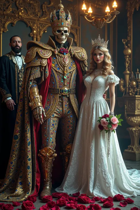 a close up of a beautiful young bride standing with a skeleton groom wearing a jeweled crown, both in elaborate Victorian/Gothic style wedding clothing and surroundings,  4k highly detailed digital art, 8k high quality detailed art, skeleton king, with a c...