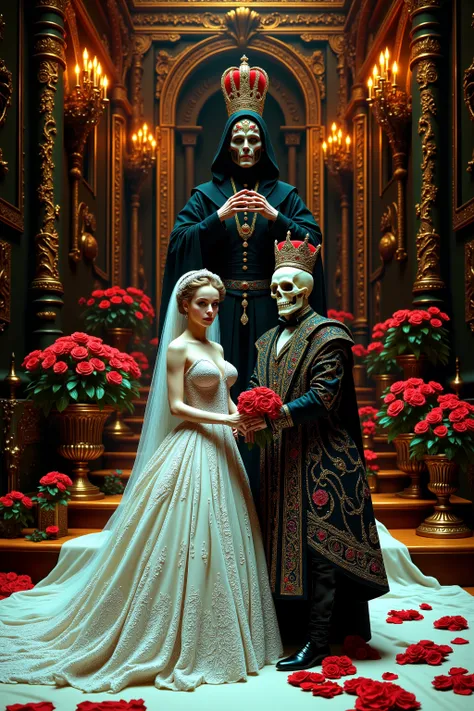 a close up of a beautiful young bride standing with a skeleton groom wearing a jeweled crown, both in elaborate Victorian/Gothic style wedding clothing and surroundings, 4k highly detailed digital art, 8k high quality detailed art, skeleton king, with a c...