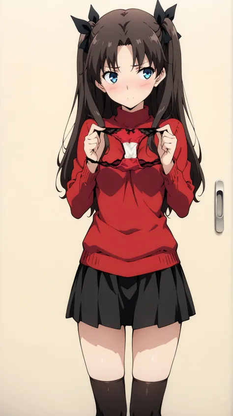 {Highest quality}, {so beautiful}, (anime coloring,flat color,TV anime style,Not details), {Best illustrations},(flat body,Slim body, young:1.2),solo,(RinSweater),brown hair, two side up, parted bangs, blue eyes, black hair ribbon, red sweater, black skirt...