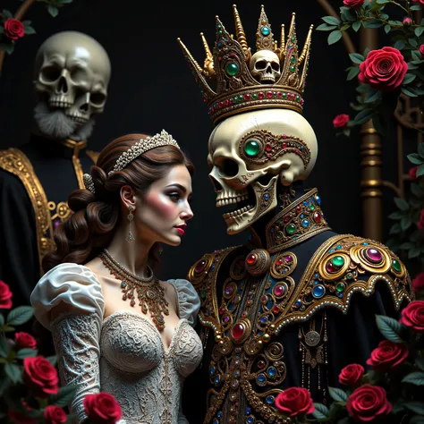 a close up of a beautiful young bride standing with a skeleton groom wearing a jeweled crown, both in elaborate Victorian/Gothic style wedding clothing and surroundings, 4k highly detailed digital art, 8k high quality detailed art, skeleton king, with a c...